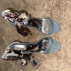 Cape Robbin Light Blue Denim Ankle Tie Block Heels with Printed Scarf